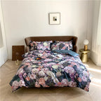 Black botanical duvet cover set with colorful all-over floral pattern, FLOWER GARDEN front bedroom view – L&B