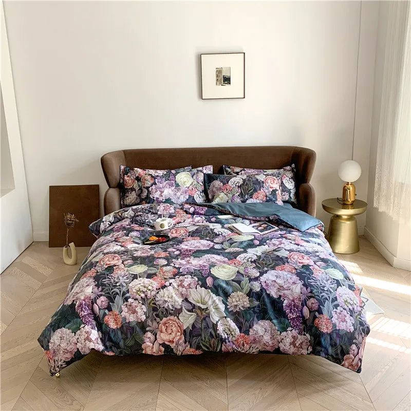 Black botanical duvet cover set with colorful all-over floral pattern, FLOWER GARDEN front bedroom view – L&B