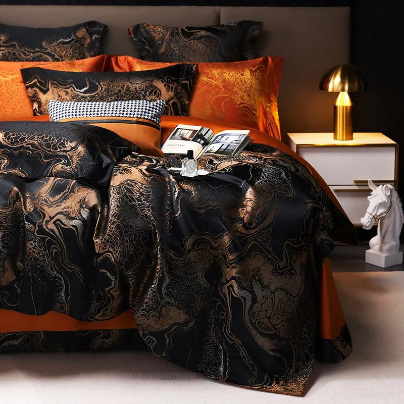 Black gold damask duvet cover set with coordinating pillow shams and rich burnt orange bedroom accents – L&B