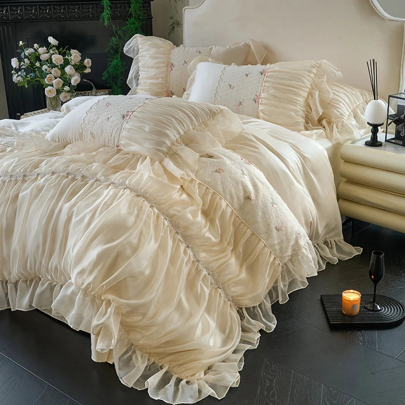 Ivory ruffle duvet cover and bed skirt set styled in a romantic luxury bedroom, RUBYLACE IVORY – L&B