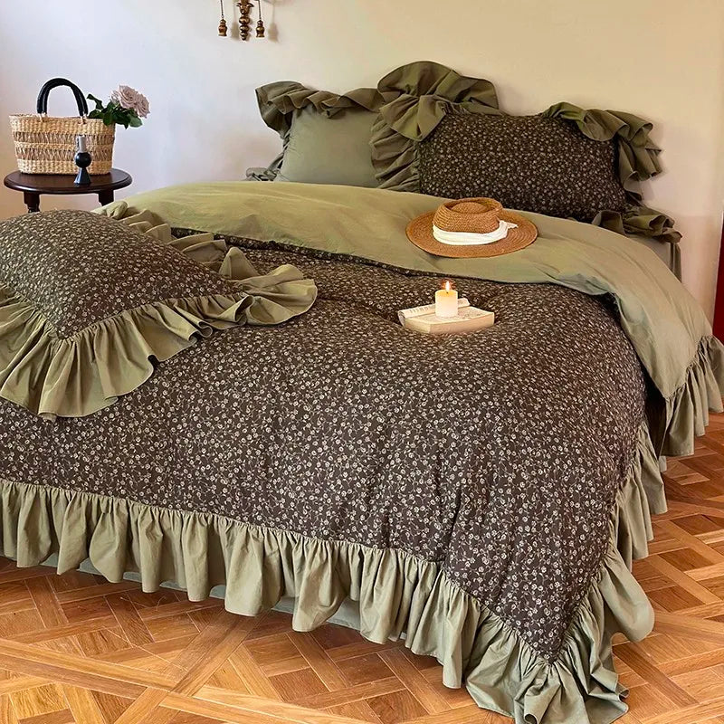 Olive green floral ruffle duvet cover set in 100% cotton, MOSSBELLE styled in a cottagecore bedroom – L&B
