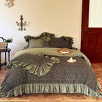 Olive green floral ruffle duvet cover set in 100% cotton, MOSSBELLE styled in a cottagecore bedroom – L&B