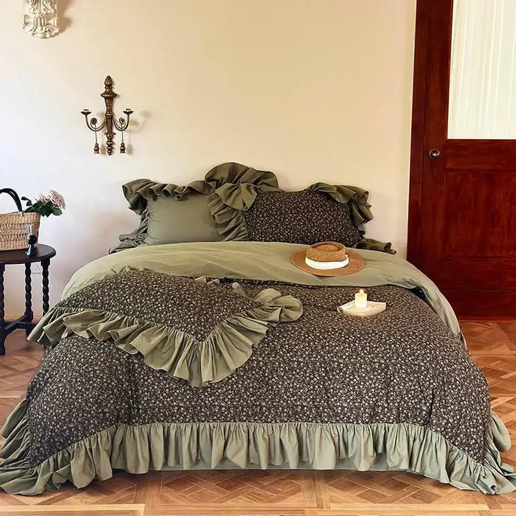 Olive green floral ruffle duvet cover set in 100% cotton, MOSSBELLE styled in a cottagecore bedroom – L&B