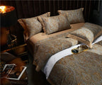 Luxury gold and pale blue baroque bedding shown from an angled bedside view, ZLIKAN – L&B