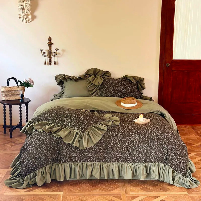 Olive green floral ruffle duvet cover set in 100% cotton, full bedroom view of MOSSBELLE – L&B