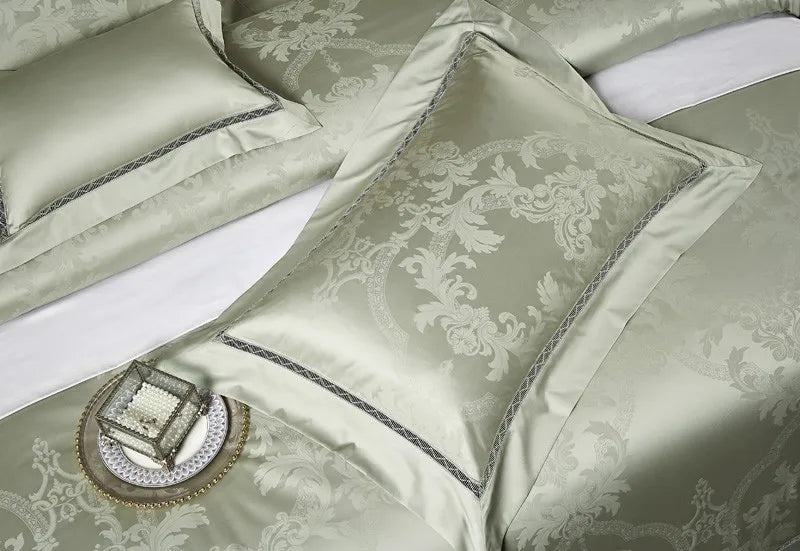 Sage green damask decorative pillow with an intricate jacquard pattern and elegant tailored border – L&B