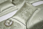Sage green damask decorative pillow with an intricate jacquard pattern and elegant tailored border – L&B