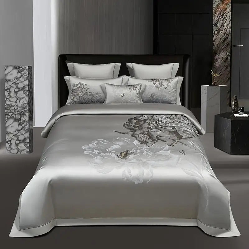 Silver gray floral jacquard duvet cover set in 1000TC Egyptian cotton satin on a modern bed – L&B
