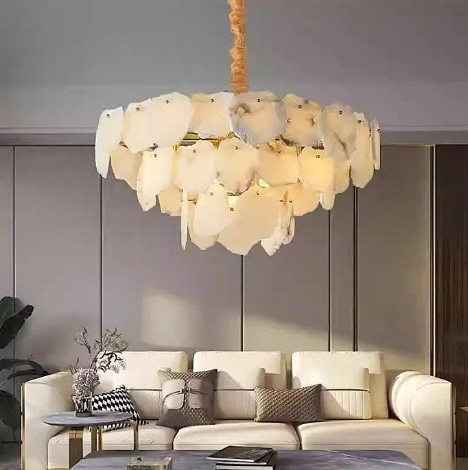 Tiered alabaster living room chandelier with natural stone petals and a warm glow - L&B