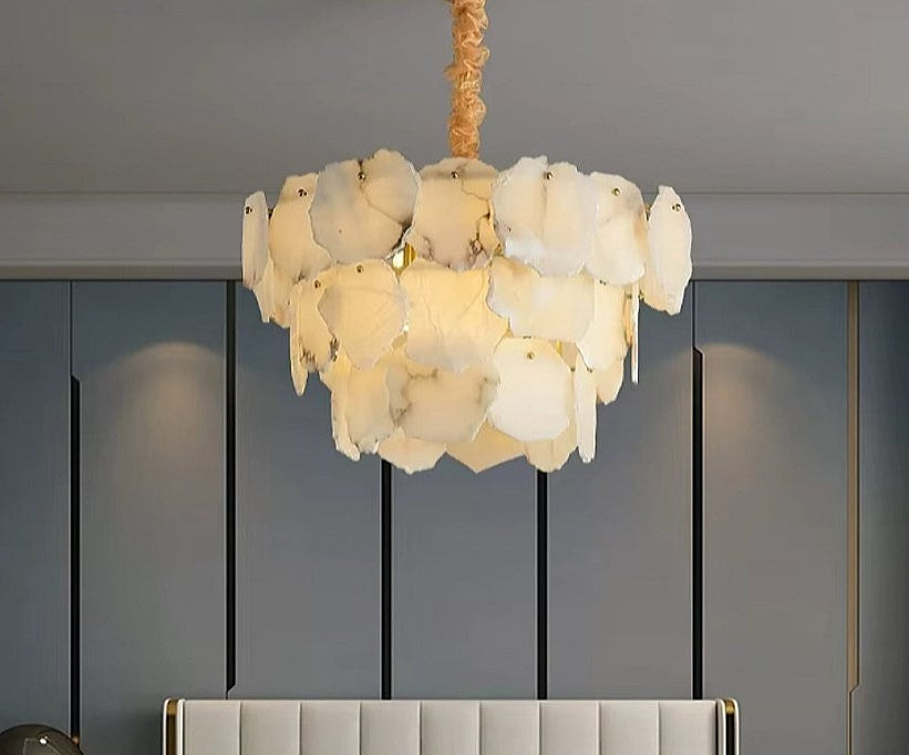 Alabaster petal chandelier for bedroom interiors with layered raw-edge stone panels and a warm glow - L&B