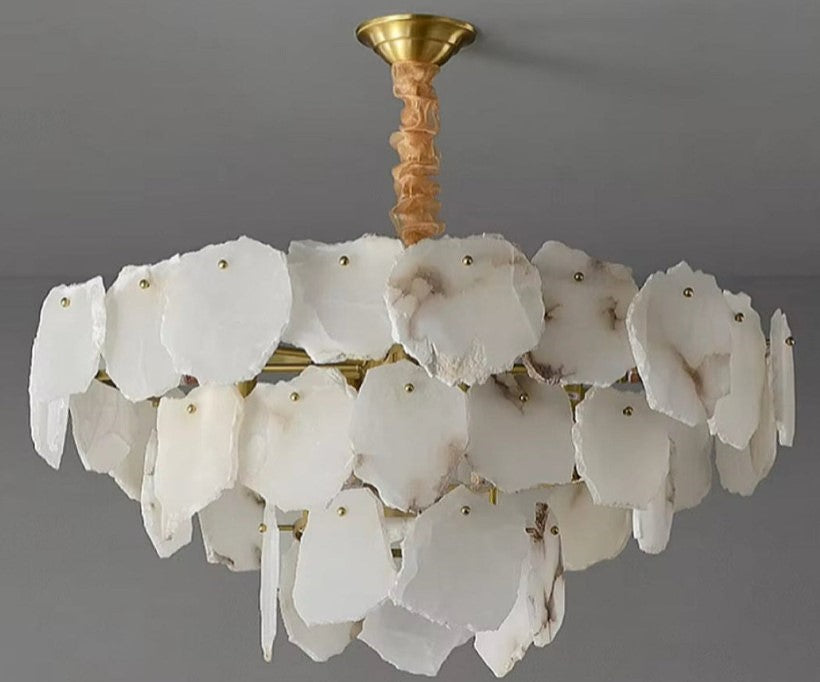 Modern alabaster chandelier for bedroom and dining room lighting with layered natural stone petals - L&B