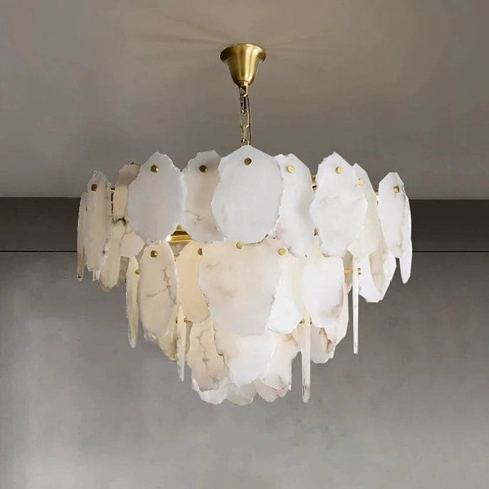 Alabaster petal chandelier for living room and foyer spaces with a sculptural tiered silhouette - L&B