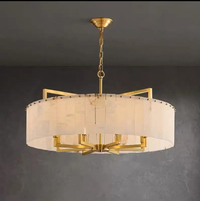 Round gold and alabaster drum chandelier with adjustable chain suspension -L&B