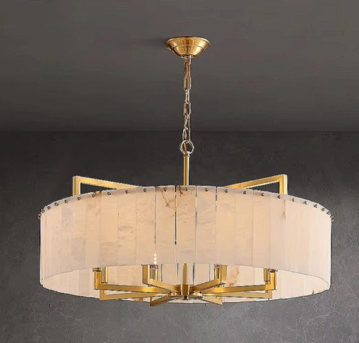 Modern gold and alabaster drum chandelier with a wide round silhouette - L&B