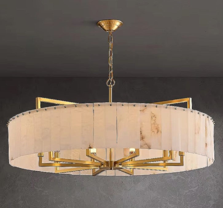 Luxury alabaster drum chandelier with a gold metal frame for a dining room or foyer - L&B
