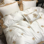 Ivory Egyptian cotton bedding with champagne gold embroidery and matching pillow shams, STONGE ROYAL – L&B