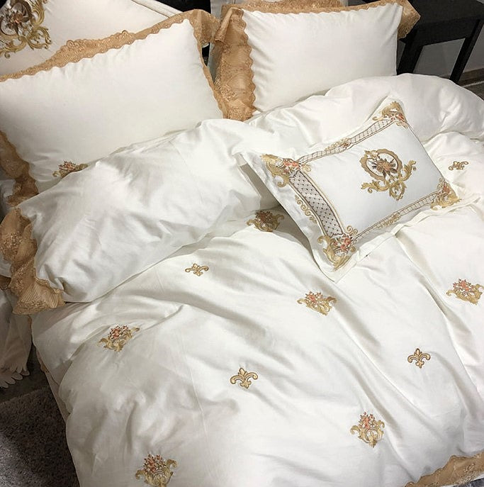 Ivory Egyptian cotton bedding with champagne gold embroidery and matching pillow shams, STONGE ROYAL – L&B