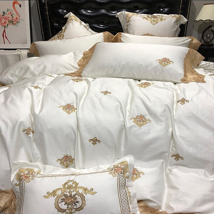 Ivory white lace embroidered duvet cover set styled in a luxury bedroom, STONGE ROYAL – L&B