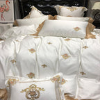 Ivory white lace embroidered duvet cover set styled in a luxury bedroom, STONGE ROYAL – L&B