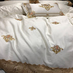 Front view of ivory white and gold floral embroidered lace bedding, STONGE ROYAL – L&B