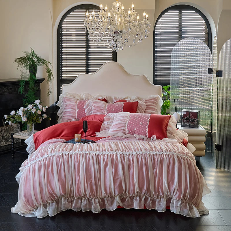 Red and white princess duvet cover and ruffled bed skirt set, full bedroom view of RUBYLACE RED – L&B