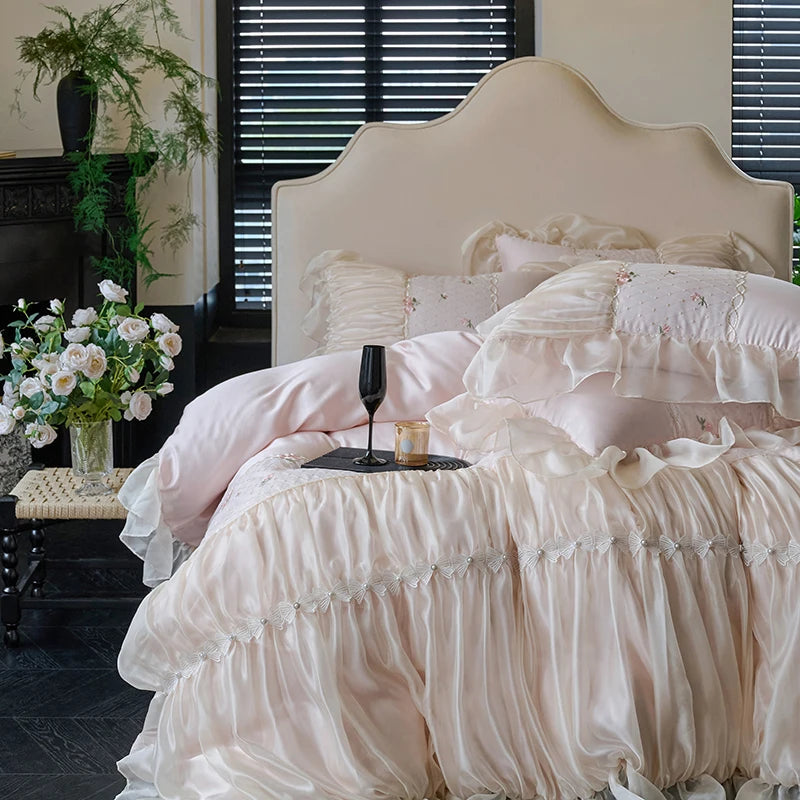 Blush pink princess duvet cover and ruffled bed skirt set in 100% cotton, RUBYLACE BLUSH – L&B