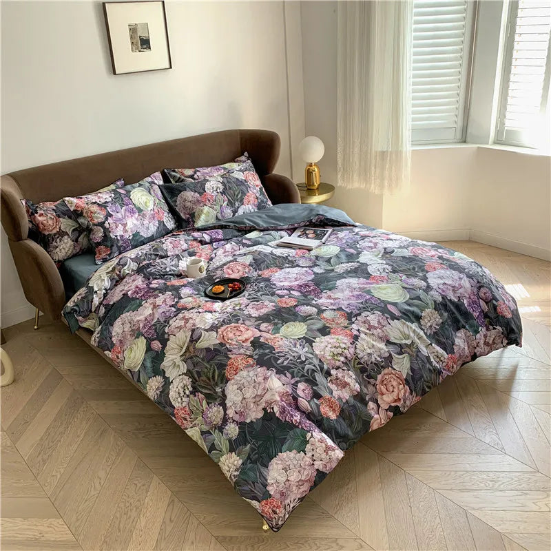 Black garden floral duvet cover with multicolor flowers, FLOWER GARDEN shown from an angled bedroom view – L&B