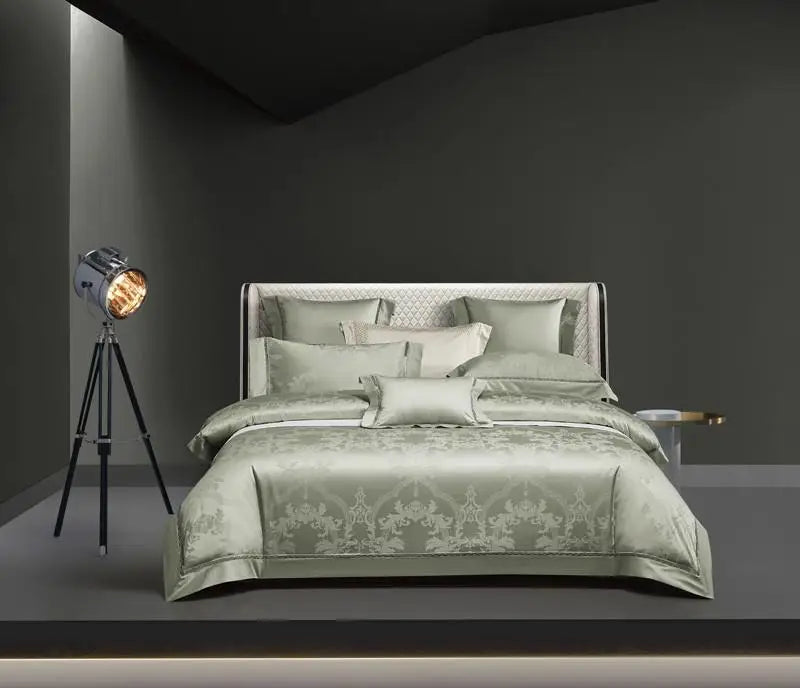 Sage green damask duvet cover set for quiet luxury bedroom – L&B