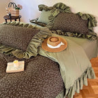 Olive green floral ruffle duvet cover set in 100% cotton, MOSSBELLE styled in a cottagecore bedroom – L&B