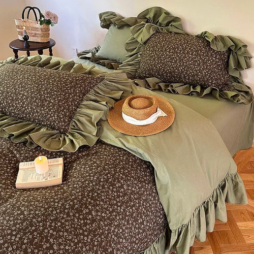 Olive green floral ruffle duvet cover set in 100% cotton, MOSSBELLE styled in a cottagecore bedroom – L&B