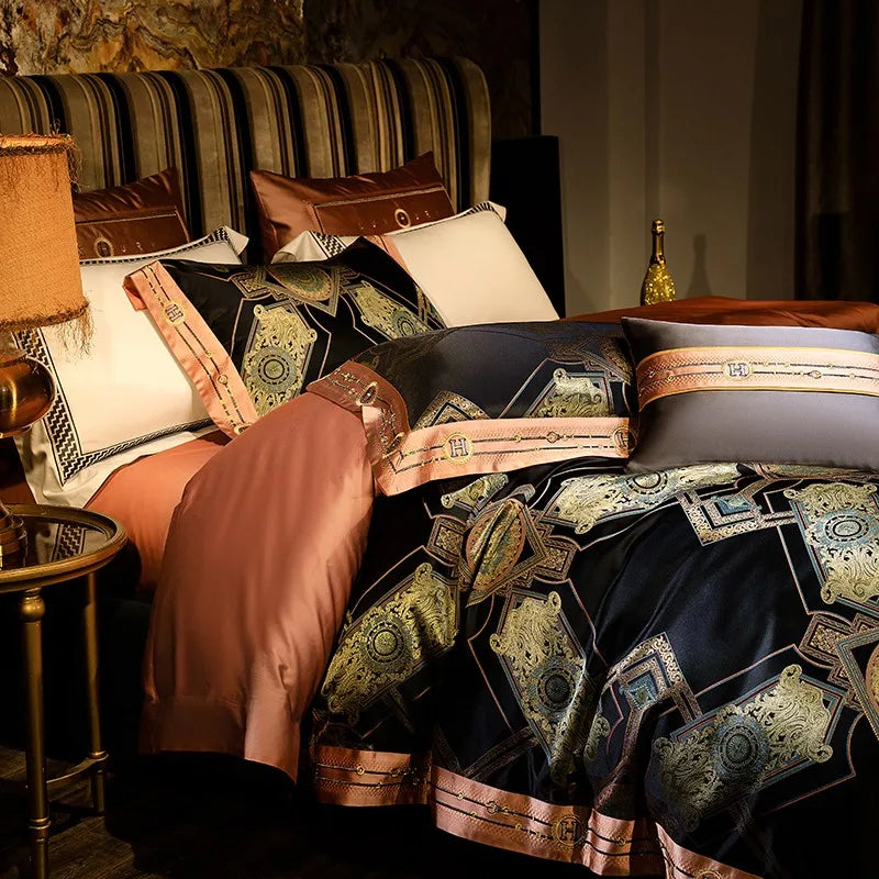 Black baroque duvet cover set viewed from the side with gold jacquard and copper-toned accents – ROYAL H. BLACK – L&B