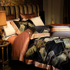 Black baroque duvet cover set viewed from the side with gold jacquard and copper-toned accents – ROYAL H. BLACK – L&B