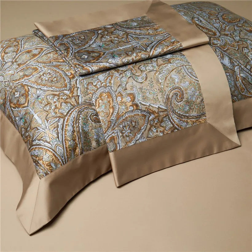 Folded gold and pale blue baroque duvet cover with a tailored gold border, ZLIKAN – L&B