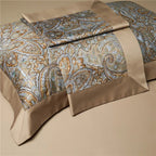 Folded gold and pale blue baroque duvet cover with a tailored gold border, ZLIKAN – L&B