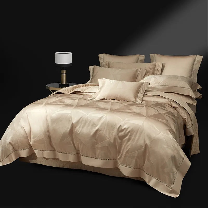 Champagne gold abstract jacquard duvet cover with lustrous geometric facets, LUSTRA GOLD – L&B