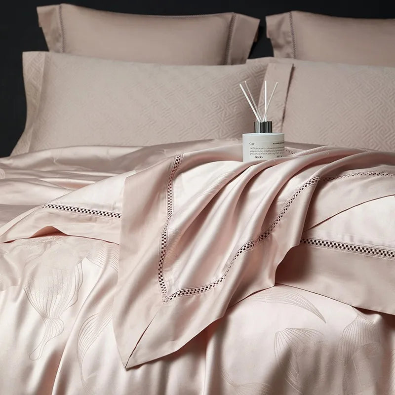 Blush pink floral jacquard duvet cover with lustrous drape and coordinating pillows, LUSTRA BLUSH – L&B