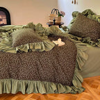 Olive green floral ruffle duvet cover set in 100% cotton, MOSSBELLE styled in a cottagecore bedroom – L&B