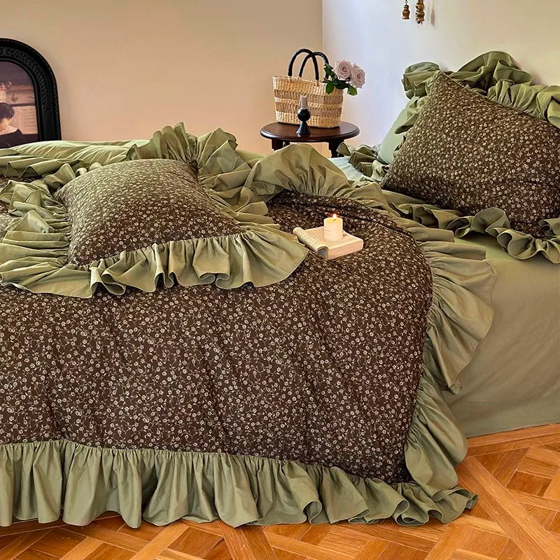 Olive green floral ruffle duvet cover set in 100% cotton, MOSSBELLE styled in a cottagecore bedroom – L&B