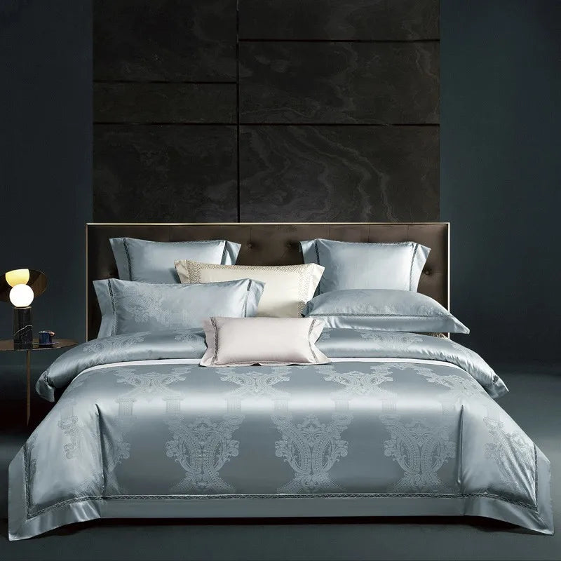 Sky blue damask duvet cover set in 1200TC Egyptian cotton satin with layered shams and a luminous jacquard finish – L&B
