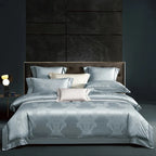 Sky blue damask duvet cover set in 1200TC Egyptian cotton satin with layered shams and a luminous jacquard finish – L&B