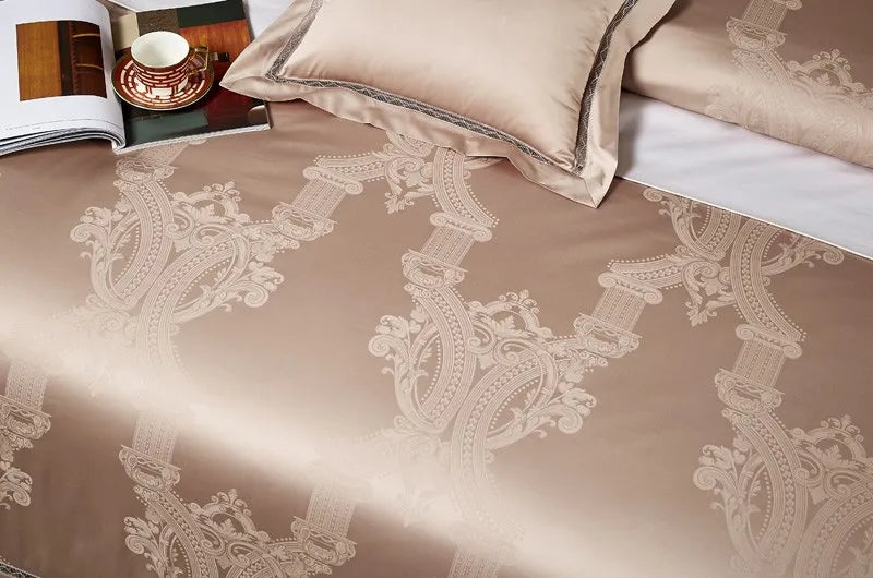 Champagne beige jacquard duvet cover with an ornate damask pattern and lustrous Egyptian cotton satin finish - L&B