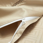 Hidden zipper closure on champagne gold geometric jacquard duvet cover, LUSTRA GOLD – L&B
