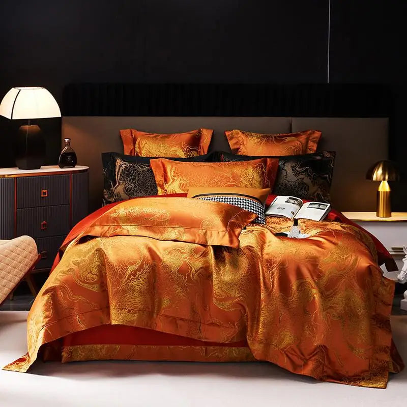 Burnt orange jacquard duvet cover set with coordinated shams and accent pillows in a dark modern bedroom – L&B