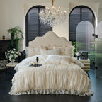 Ivory princess ruffled lace duvet cover and bed skirt set, RUBYLACE IVORY styled in an elegant bedroom – L&B