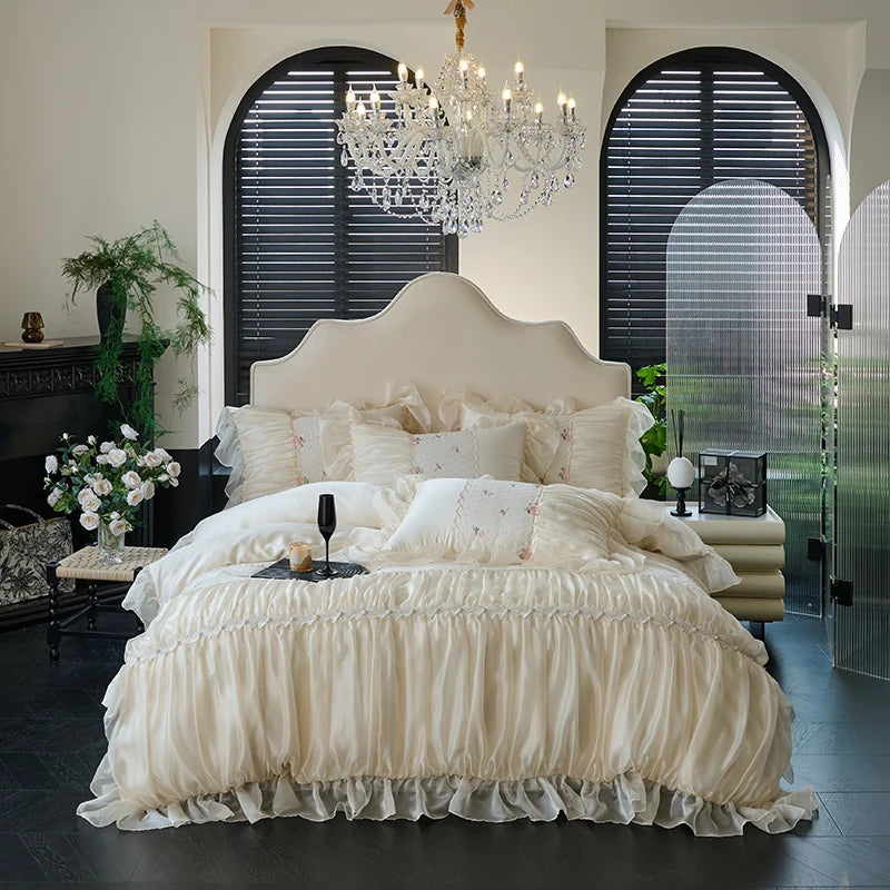 Ivory princess ruffled lace duvet cover and bed skirt set, RUBYLACE IVORY styled in an elegant bedroom – L&B