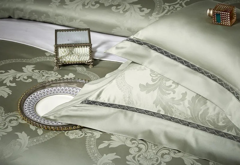 Sage green Egyptian cotton satin bedding with an ornate damask duvet cover and refined braided trim – L&B