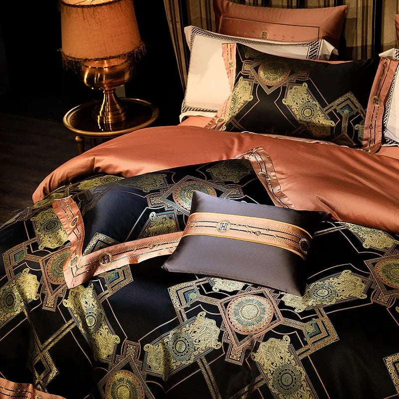 Black baroque bedding with gold geometric jacquard, copper trim, and a luminous satin finish – ROYAL H. BLACK – L&B