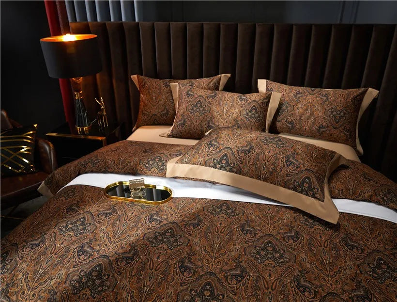 1000TC brown paisley bedding and layered pillow shams in modern bedroom, ZUVRIC – L&B