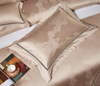 Beige damask pillow sham with architectural jacquard detailing and refined tonal edging - L&B