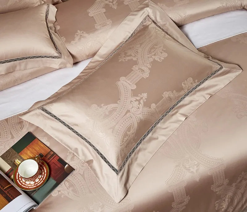 Beige damask pillow sham with architectural jacquard detailing and refined tonal edging - L&B